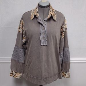 POL Taupe Floral Patchwork Sweatshirt Bohemian Boho Washed Effect 100%Cotton